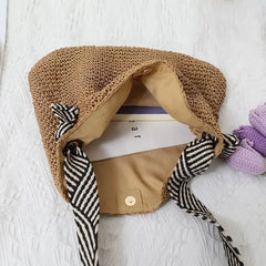 Hnewly Women's Handmade Woven Tote Beach Bag Striped Handle Large Capacity Summer Holiday Fashion Casual Shoulder Bags