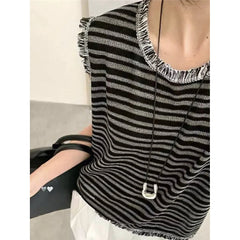 Hnewly Tassel Edge Striped Knitted Vest Women's Summer New Sleeveless Round Neck Vest Knitwear Tops Fashion Versatile Pullover vest