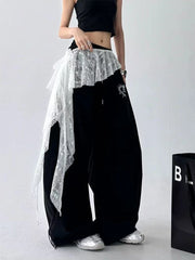 Hnewly Korean Irregular Lace Women Mini Skirts Y2K High Waist Lace Up Embroidered Flower Split Skirts Fashion Streetwear Ruffles Skirts