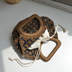 Hnewly Luxury New Niche Retro Paper Rope Crochet Black Brown Patchwork Grass Woven Handbag for Women