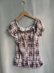 Lunivop Harajuku Literary O Neck Short Sleeve T Shirt Y2k Fashion Constrast Color Plaid Slim Thin Women Tops Single Breasted Punk Blouse