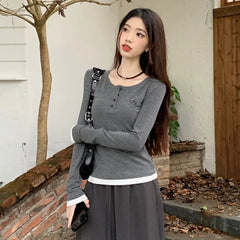 HnewlyT-shirts Women Fake 2 Pcs Spring Autumn Slim Tops Long Sleeve Korean Retro Female Stylish All-match Young Style Basic Clothes