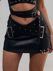 Hnewly rave inspo outfits Darkly Punk Metal Style Black Mini Skirts Women Sexy Slim Fit Cross Waistband Baddie Straight Skirts
