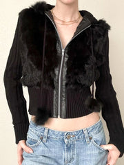 Hnewly trashy outfits Solid Autumn Winter New Hoodies Women Long Sleeve Furry ball Zip Up Hooded Knitted Patchwork Plush Sweats Causal