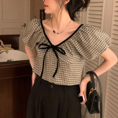 Hnewly Blouses Women Plaid Summer Vintage Fashion V-neck Simple Short Puff Sleeve Leisure Bandage Slim All-match Streetwear Blusas