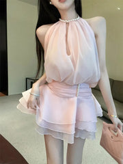 Hnewly Mini Dresses Women Pearl Halter Sleeveless Bandage Slim Backless Hollow Out Sweet Elegant Party Dress Female Casual