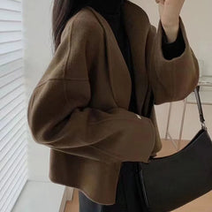 Hnewly Reversible Tweed Jacket Women Fall Elegant Solid Cropped Tops Cardigan Turn Down Collar Vintage Classic Office Lady Outwear