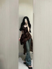 Hnewly 2000s Y2k Vintage 2 Piece Pant Sets Women Casual Blouse Dress Tank Top +denim Pants Summer Beach Irregular Korean Suits Chic