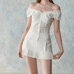 Hnewly French Elegance Outfits 2 Piece Skirt Set Office Lady Slash Neck White Crop Top + High Waist A-Line Skirt Mori Girl Party Prom