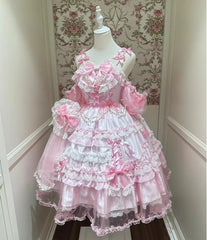 Hnewly Pink Sweet Lolita Evening Dresses for Women Girls Cute Bow Lace Pearl Chain Sling Dress JSK Princess Birthday Party Dres