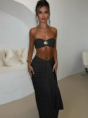 Hnewly Elegant Women 2piece Set Sexy See Through Thin Tierred Y2K Seashell Tube Top+Wrapped Bandage Skirts Matching Clubwear