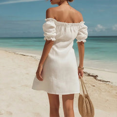Lunivop Elegant Ruffles Shirt Dress Summer Clothing Women Puff Sleeve Slash Neck Bandeau Mini Dresses Birthday Evening Party Dress