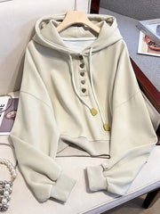 Hnewly Chic Sweet Women Hoodies Long Sleeve Korean Simple Solid Fashion Sweatshirt Fall New Love Buttons Lace Up Cute Short Tops