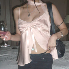 Hnewly Kawaii Bandage Lace Pink Camisole Women Sexy Sweet Patchwork Satin Crop Tops with Slit Summer y2k Vintage Tank Tops Cute