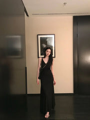 Hnewly Summer Retro French Fashion Even Party Black Midi Dresses Casual V-Neck Y2k Sexy Strap Dresses Korean Fashion Clothing