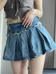 Hnewly Streetwear Pleated Skirt Denim Women Sexy Y2k Mini Skirt Summer Chic High Waist Korean Fashion Slim Aesthetic Harajuku