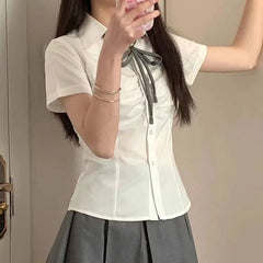 Hnewly Shirts Women Solid Preppy Simple Slim Summer Short Sleeve Chic Folds Leisure Female Korean Style All-match New Design Clothing