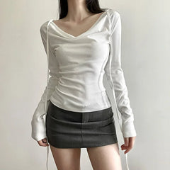 Hnewly fashion sexy v-neck bow lace up t-shirts slim fit white casual top for women early autumn new long sleeve tee shirt