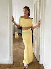 Hnewly Elegant Solid Knitted Elastic Waist Slim Maxi Skirt Suits Women Chic Sleeveless Off Shoulder Shawl Top Set Lady High Street Wear