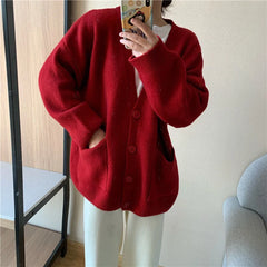 Hnewly Women Cardigan Sweater y2k Clothes Solid Color V Neck Single Breasted Long Sleeve Knitted Tops with Pockets Streetwear