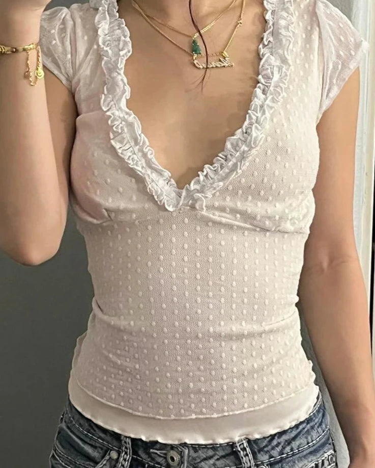 Sweet Cute Lace Trim Mesh T Shirt Sexy Slim Deep V-Neck Short Sleeve Tees Women 2024 Summer Fashion Streetwear Ladies