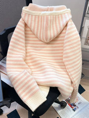 Hnewly Pink Striped Sweet Cardigan Women Cute Cartoon Long Sleeve Knitted Sweaters Vintage Kawaii Preppy Style Japan Pockets Tops Coats