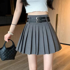 Hnewly Preppy Style Double Belt Pleated Skirt Women Fashion All Match High Waist Short Skirts Woman Summer Y2K Loose Basic Skirt Female