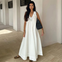 Hnewly Loose White Holiday Long Dress Women Elegant V-neck Sleeveless Backless A-line Beach Dresses Summer Lady Casual Chic Robes