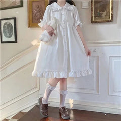 Hnewly Japanese Lolita White Dress Summer Puff Sleeve Ruffles Dress Preppy Style Kawaii Sweet Fairy Peter Pan Collar Women Midi Dresses