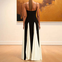 Hnewly Fashion Mix Color Spaghetti Strap Dress Women Elegant Big Hem Party Long Dresses Woman New Sleeveless Maxi Dress Ladies