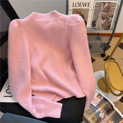 Hnewly Elegant Metal Button Sweater Solid Long Sleeve Korean O-Neck Puff Sleeve Knit Cardigan Coat Women Spring Autumn Loose Top