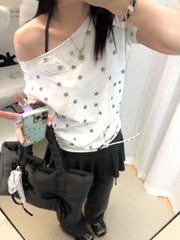 Hnewly Skew Collar Off Shoulder Short Sleeve T-shirts Vintage Embroidery White Top for Women Summer New All-match Tee Shirt