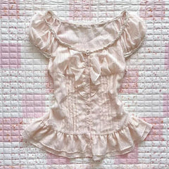 Lunivop American Sweet Slim Spliced Lace O Neck Short Sleeve Blouse All Match High Street Y2k Buttons Clothes Summer Punk Draped Tops