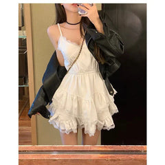 Hnewly Irregular Lace Patchwork Camisole Dresses 2025 Summer New V-neck Dress for Women Y2k E-Girl Slim Waist Ruched Vestidos Mujer