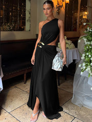 Hnewly Cutenew Sexy Hollow Metal Buckle Dress Women Waistless Skew Collar Sleeveless High Split Elegant Stretch Classic Summer Bodycon