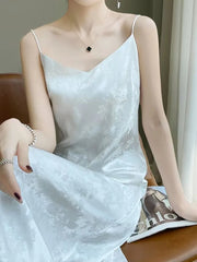 Hnewly Satin Jacquard Slip Dress for Women Summer Sexy Hollow Out Sleeveless Midi Dress Y2K Korean Elegant Beach Party Vestidos New