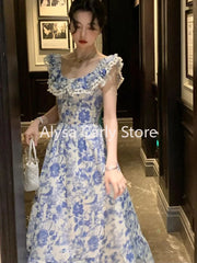 Hnewly DRESS TO IMPRESS Elegant Korean Fairy Long Dress Women Sexy Ruffles Party Slip Floral Dress Korean Style Summer Dress Female 2024 Casual Fashion