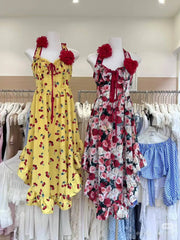 Hnewly Summer Holiday Irregular Design Sleeveless Floral Dress Women Vacation Chiffon Sexy Backless Beach Dress Korean Style Chic