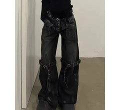 Hnewly American Retro Wide Leg Baggy Casual Denim Trouser Harajuku Solid High Waist Loose Jeans Summer Belted Design Women Pants