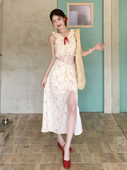 Hnewly Sweet Floral Patchwork Dress for Women Summer Elegant Ruffled Slit Dress Y2K Fashion Lace Up Bow Beach Vacation Party Vestidos