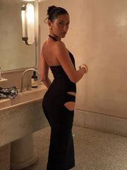 Hnewly Irregular Hollow Dress Women Sexy Halter Low-Neck Backless Sleeveless Robe Midnight Club Party Fashion Long Bodycon