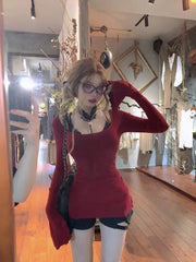 Hnewly spring birthday outfit Fashion Vintage Halter Sexy Lace Black Vest+ Y2k Slim Fit Long Sleeve Red Tops Women 2025 Early Autum New Two Piece Sets