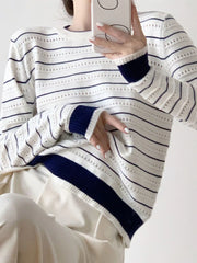 Hnewly Vintage Elegant Striped Sweaters Women Loose O Neck Hollow Out Knitted Pullover French Retro Long Sleeve Casual Jumper Tops