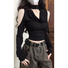 Hnewly summer inspo Fashion V-neck Black Halter Tops Women Summer Nw Slim Waist Tee Shirt Y2k E-Girl Long Sleeve Off Shoulder T-shirts