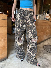Hnewly Leopard Ripped Wide Leg Jeans For Women High Waist Patchwork Button Loose Fashion Denim Pant Female Clothing New