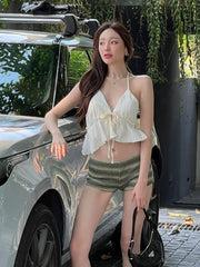 Hnewly Sweet Ruffles Lace-Up Camisole Halter v-Neck Fungus Edge Splits Backless Sleeveless Summer Trend Versatile Mini Tops