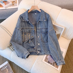 Hnewly Nail Bead Denim Jacket For Women's Spring Autumn 2025 New Style Loose Versatile Long Sleeved Turndown Collar Coat Top