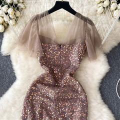 Hnewly Women Chic Sequin Patchwork Slip Dress Sexy Backless Elegant Evening Party Robe Women Vintage Slim Split Ceremonial Dress