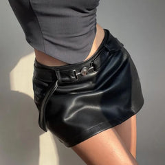Hnewly Sexy PU Leather Mini Skirt Women Summer High Waist Slim A-line Skirt Female Y2K Vintage All-match Casual Black