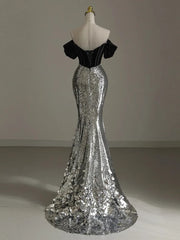 Hnewly Strapless Slim High Waist Black Silver Mermaid Evening Dress Host Annual Meeting Birthday Coming-of-Age Ceremony Banquet Dress